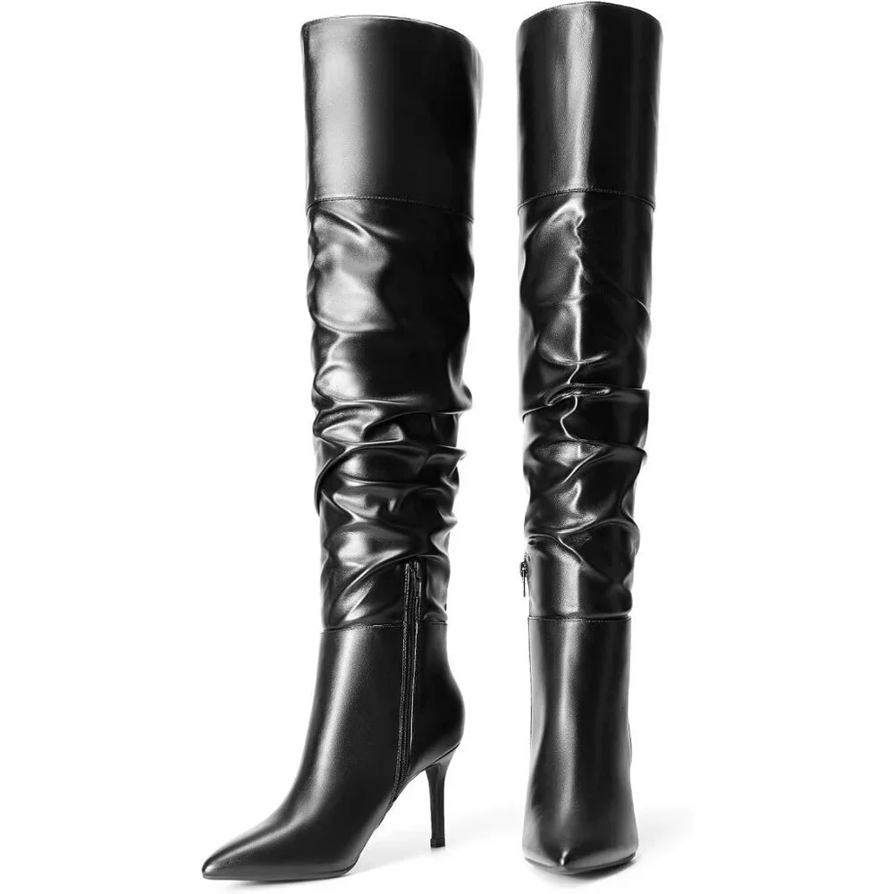 Women's Black-pu Faux Leather Over The Knee Boots Thigh High Pointed Toe Boots